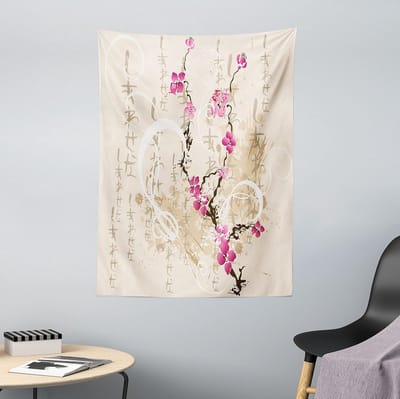 ABAKUHAUS Japans wandtapijt, letters Sakura bloemen zachte microvezelstof wasbaar zonder vervagend digitaal print, 110 x 150 cm, meerkleurig
