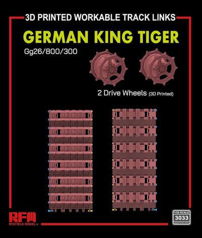 Rye Field Model Modelbouwpakket - 3033 Duitse King Tiger Rupsbanden Gg26/800/300 - Beweegbare 3D-geprinte Tracks met Aandrijfwielen Resin onderdeel - 1:35 - Modelbouw