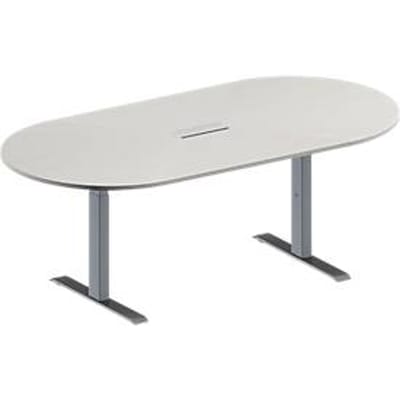 Schäfer Shop Genius Vergadertafel MODENA FLEX, in hoogte verstelbaar, 3-voudige contactdoos, ovale vorm, T-poot rechthoekige buis, B 2000 x D 1000 mm, lichtgrijs
