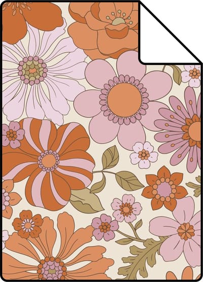 Proefstaal ESTAhome behang retro bloemen paars en oranje - 26.5 x 21 cm - 130961-S