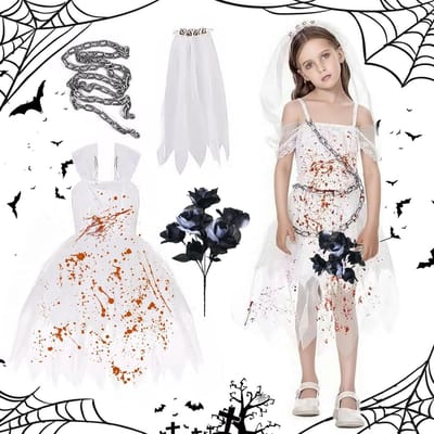 Horror Bruid Kostuum voor Kinderen - Zombie Bruid Outfit met Zwart-Witte Rozen Sjaal en Ketting voor Carnaval en Cosplay