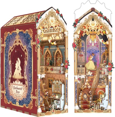 Tonecheer Enchanted Rose Book Nook Bouwpakket - Modelbouw - 19 x 10,8 x 26,9 cm - Houten 3D Puzzel - Boekensteun - LED-licht - Bewegingssensor Licht - Boekenhouder