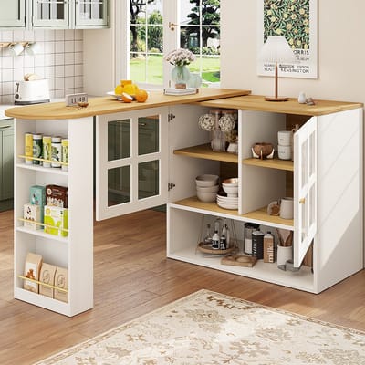 BLACKCOLORS 360° draaibaar buffet, eenvoudig en modern, multifunctioneel, geschikt voor slaapkamer, woonkamer, eetkamer, met snackplank, 5 opbergvlakken, draaibaar buffet met planken en glas, wit