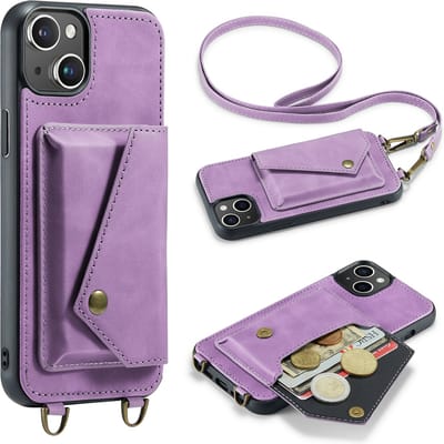 Casemania Hoesje Geschikt voor Apple iPhone 15 - Bright Lila - Luxe Backcover met Koord en Magnetische Sluiting - Portemonnee Wallet Case met Pasjeshouder en Opbergvak - Lanyard Telefoonhoes - Cord Case
