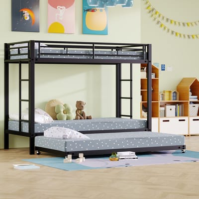 Metalen stapelbed met uitschuifbed - Geschikt voor kinderkamer en logeerpartijen - 90x200 cm en 90x190 cm - Zwart - Hoog veiligheidshek - 24 latten - Tot 120 kg belastbaar