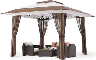 Vouwpaviljoen 4x4 m – Waterdicht, Met Muggennet, UV-Bescherming en Inclusief Roltas, Beige, Ideaal voor Tuin, Balkon of Terras