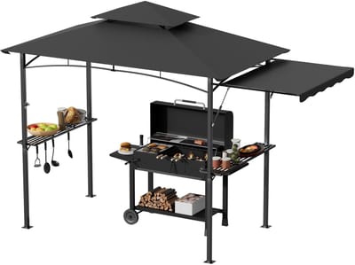 ACXIN BBQ Overkapping Grill Overkapping Tuinpaviljoen met Uittrekbare Zijluifel - Grill Shelter met Planken, Haken en Flessenopener - Dubbel Dak Ventilatie Rookafvoer - 245x141x253 cm - Grijs