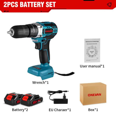 Perceuse à percussion électrique sans balais ONEVAN 1000 W 450 Nm, couple 25 + 3, tournevis électrique sans fil 3 en 1 pour batterie Makita 18 V 2 Battery Set
