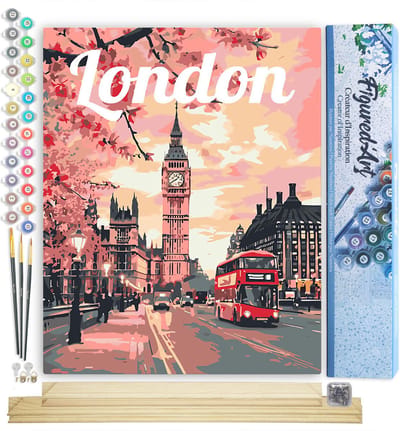 Figured'Art Schilderen op Nummer Volwassenen canvas Reisposter Londen in Bloei - Handwerk acrylverf Kit DIY Compleet - 40x50cm met DIY houten lijst