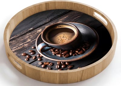 Dienblad rond 40x40 cm - Schootdienblad hout - Kop - Koffie - Hout - Bonen - Borrelplank rechthoek - Plateau houten dienbladen