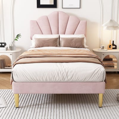 Gestoffeerd bed 90 x 200 cm - Schelpachtig bed met gouden ijzeren poten - Eenpersoonsbed - Verstelbaar hoofdeinde - Roze