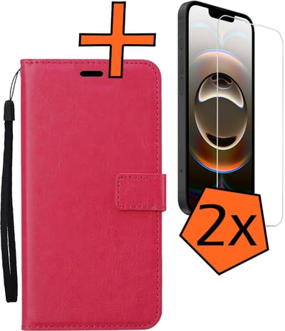 Hoes - Met 2x Screenprotector - Geschikt voor Apple iPhone 16e - Luxe Pasjeshouder - Bookcase Portemonee - Flip Case - Kunstleer Book Case - Flipcase Hoes - Book Cover - Walletcase - PortemonneeHoes - Donkerroze