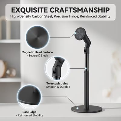 360 °   Draaibare magnetische telefoonstandaard, verstelbare hoogte bureautelefoonhouder, tabletstandaard van koolstofstaal met sterke magneet, handsfree