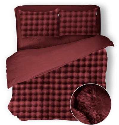 Eleganzzz Dekbedovertrek Shiny Bubble Pom Pom Flanel Fleece - Bordeaux - Dekbedovertrek 200x200/220cm - 100% flanel fleece - Tweepersoons dekbedovertrekken - 200x220cm - Teddy Dekbedovertrek - Fluffy Dekbedovertrek - Effen Dekbedovertrek