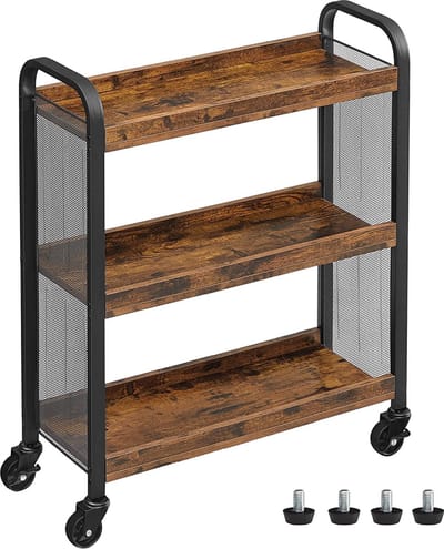 serveerwagen, ruimtebesparende keukenwagen met universele wielen, keukenplank met verstelbare poten, stevig metalen frame, 66 x 26 x 85 cm, industrieel ontwerp, vintage, donkerbruin lrc66bx