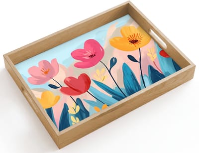 Dienblad hout 40x30 cm - Schootdienblad - Illustratie - Bloemen - Kleurrijk - Borrelplank rechthoek - Plateau dienbladen