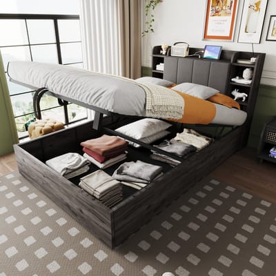 DESMIU Gestoffeerd Bed 140 x 200 Cm – Hydraulisch Bed Met Oplaadfunctie – Hoofdbord Met Opbergruimte En Open Vakjes – Voor Slaapkamer En Eenpersoonskamer – MDF – Grijs – Zonder Matras
