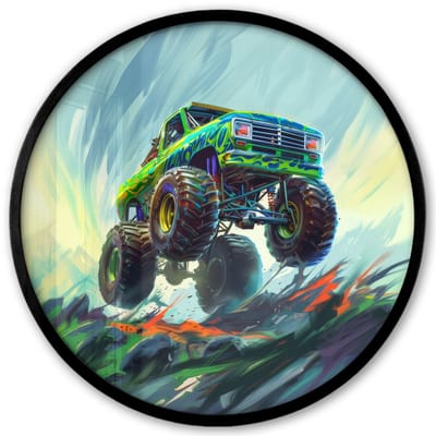 Poster in lijst Rond - Fotolijst 40x40 cm - Posters - Monstertruck - Auto - Jongens - Groen - Ronde posterlijst zwart - Decoratie - Wanddecoratie woonkamer - Muurdecoratie slaapkamer