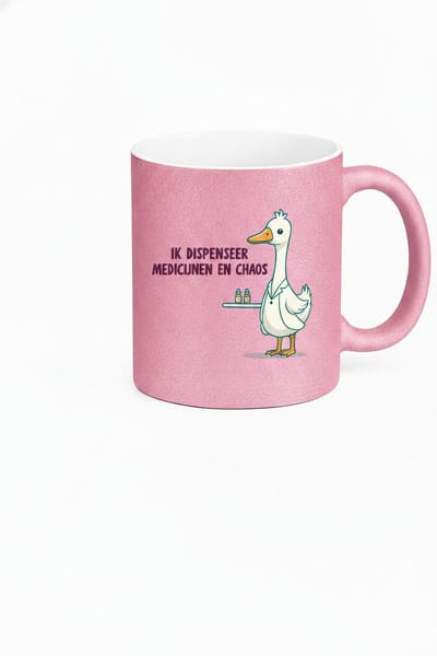 Grappige Mok Verpleegkundige 'Ik Dispenseer Medicijnen en Chaos' – Gans in Doktersjas – Glitter Mok Roze – Cadeau Zorg Apotheek – Keramiek 330 ml