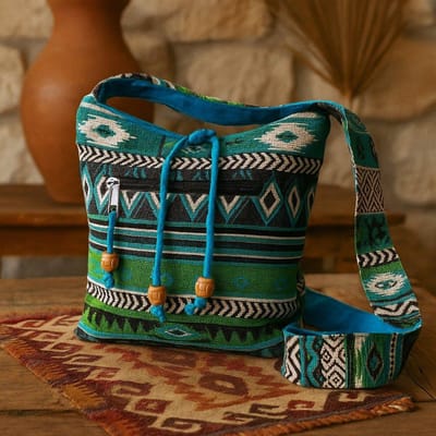 Jacquard Sling Bag - Schoudertas uit India - Blauw/Groen - 20x22 cm