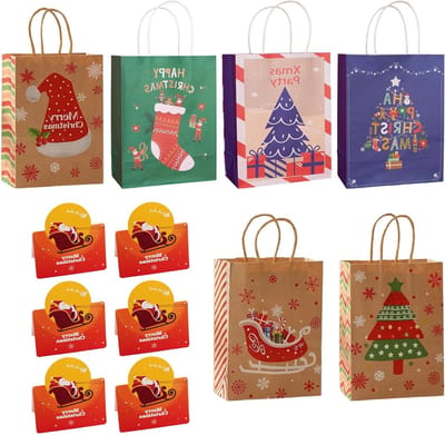 Set van 6 kerstcadeautassen met 6 kerstkaarten, stevige en stijlvolle geschenkverpakking voor feestdagen en vieringen, diverse ontwerpen