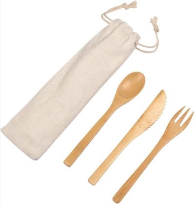 *** 3-delige bamboe bestek set voor BBQ, camping en strand - duurzame en herbruikbare vork, mes en lepel - Onderweg eten van Heble® ***