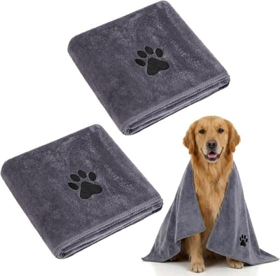 2 stuks hondenhanddoek, hondenhanddoek, 100 x 50 cm, hondenhanddoek, extra absorberend en zacht, sneldrogend, microvezel, handdoek voor katten, honden of andere huisdieren, grijs