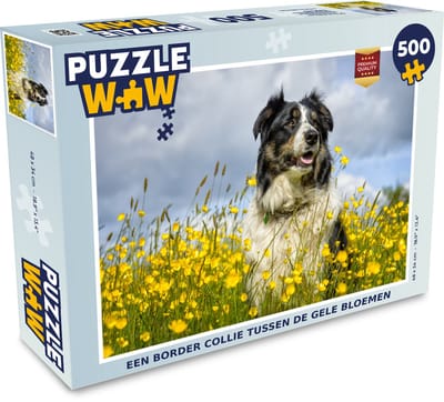 Puzzel Een border collie tussen de gele bloemen - Legpuzzel - Puzzel 500 stukjes