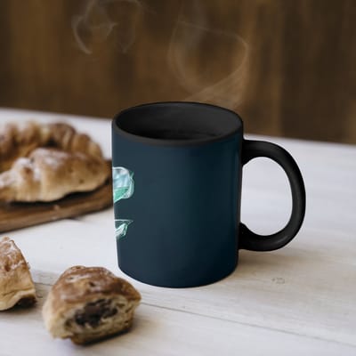 Magische Mok - Foto op Warmte Mokken - Koffiemok - Bladeren - Bloem - Glazen - Donkerblauw - Magic Mok - Beker - 350 ML - Theemok