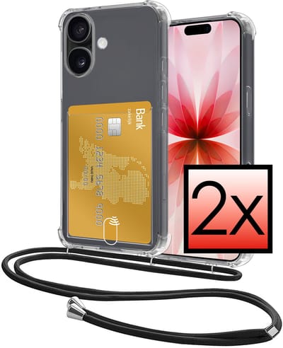 Hoes Geschikt voor Apple iPhone 17 Hoesje Pasjeshouder Cover Met Koord Shock Proof Case Siliconen Hoes Met Telefoonkoord en Kaarthouder - Transparant - 2 PACK