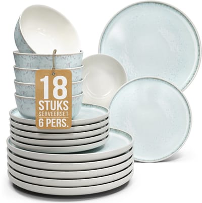 Pure Living Ibiza Light 18-Delig Serviesset - Beigeblauw - Geglazuurd Aardewerk - 6 Personen - Krasbestendig
