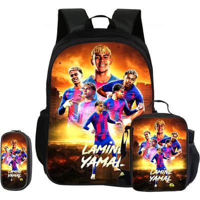 Kinderrugzak L-Lamin Yamal Voetbalster 3-delige Set Schoolrugzak Etui's Boekentas met Lunchtas Sportrugzak Kindercadeau