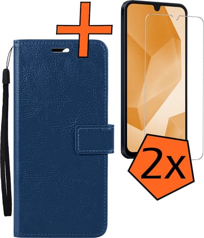 Hoes - Met 2x Screenprotector - Geschikt voor Samsung Galaxy A16 - Luxe Pasjeshouder - Bookcase Portemonee - Flip Case - Kunstleer Book Case - Flipcase Hoes - Book Cover - Walletcase - PortemonneeHoes - Donkerblauw