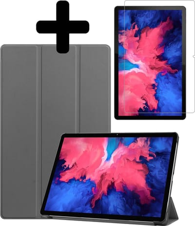Hoes - Geschikt voor Lenovo Tab P11 Plus - Met Screenprotector - Trifold Bookcase - Hard Cover - Hardcover Book Case - Tablet Hoesje - Grijs