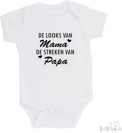 100% katoenen Romper "De looks van mama, de streken van papa" Unisex Katoen Wit/zwart Maat 62/68