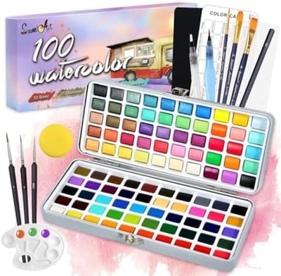 PromoHome Aquarelverfset 100 Kleuren - Complete Schilderset met Penselen en Accessoires