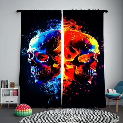 Grappig Schedelpatroon Gordijnen Hilarische Skeletprint Woonkamer Raamgordijnen Kinderen Jongens Slaapkamer Lichtfilterend Raamgordijn W60H60(CM)x2pcs&Grommet Top red