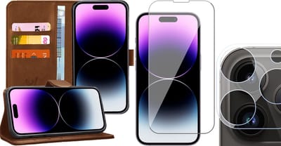 Hoesje geschikt voor iPhone 14 Pro - Book Case Kunstleer Wallet Cover Portemonnee Pasjeshouder Hoes Bruin - Tempered Glass Screenprotector - Camera Lens Protector