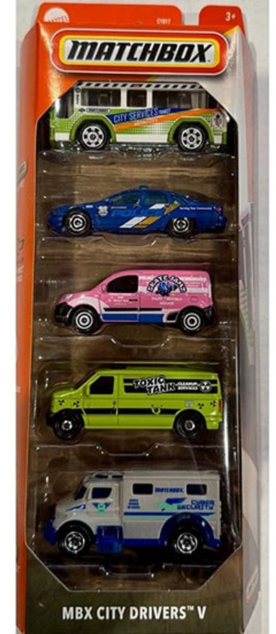 MATCHBOX 5 PACK MBX CITY BUS ,CHEVY CAPRICE CLASSIC POLICE, RENAULT KANGO EXPRESS, FORD PANEL VAN, MBX ARMORED TRUCK SECURITY 1:64