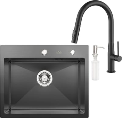 Auralum max Spoelbak Keuken 55x45cm - Spoelbak Met Kraangat – Spoelbak Keuken Met Keukenkraan met Uittrekbare Uitloop - Spoelbakken Keuken – Spoelbak met Afdruipgedeelte - Antraciet
