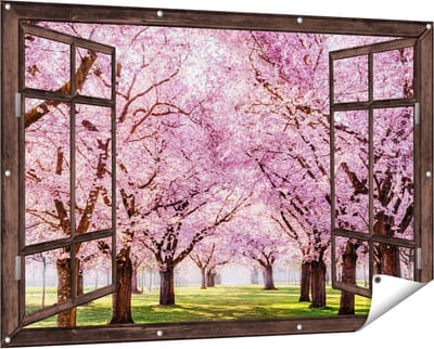 Gards Tuinposter Doorkijk Roze Bloesembomen Park - Bloemen - 150x100 cm - Tuindoek - Tuindecoratie - Wanddecoratie buiten - Tuinschilderij