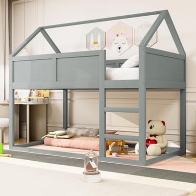 Kinderbed Mezzanine - Stapelbed met trap - Kinderkamer inrichten - Massief houten frame - 90x200 cm - Grijs