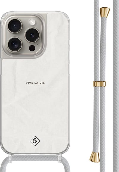Casimoda® hoesje met grijs koord - Geschikt voor iPhone 15 Pro - Vive La Vie - Afneembaar koord - TPU/polycarbonaat - Grijs