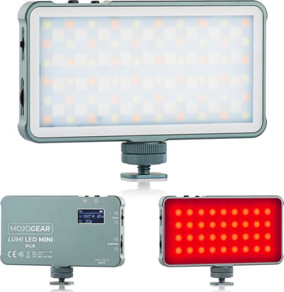 MOJOGEAR Lumi RGB LED-lamp 6.5W Mini - Stevig metaal - 1500 mAh batterij - Krachtige lamp voor camera / studio / video - RGB en wit/geel licht - Grijs