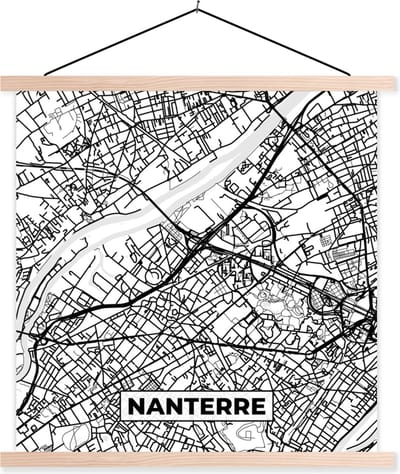 Posterhanger incl. Poster 40x40 cm - Schoolplaat - Frankrijk - Kaart - Nanterre - Plattegrond - Stadskaart - Zwart wit - Textielposter - Blanke latten - Stadskaart