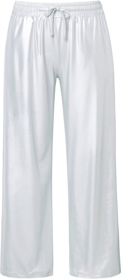 MIAMODA - Dames - Broek wijde pijpen glanzende look elastische tailleband - Zilver - Maat 48