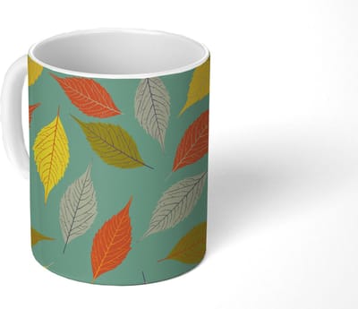 Mok - Koffiemok - Bladeren - Herfst - Vintage - Pastel - Patroon - Mokken - 350 ML - Beker - Koffiemokken - Theemok