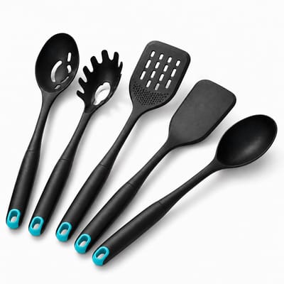 Keukengerei Set 5 Delig Nylon - Hittebestendig Kookgerei voor Anti Aanbak Pannen - Spatel Set met Lepels en Pastalepel - BPA Vrije Keukenhulpen - Kookgerei Set 32 cm - Zwart [BS41104]