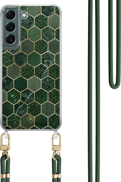 Casimoda® hoesje met koord - Geschikt voor Samsung S22 - Kubus Groen - Afneembaar koord - TPU/polycarbonaat - Groen