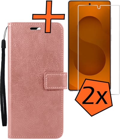 Hoes - Met 2x Screenprotector - Geschikt voor Samsung Galaxy S25 Ultra - Luxe Pasjeshouder - Bookcase Portemonee - Flip Case - Kunstleer Book Case - Flipcase Hoes - Book Cover - Walletcase - PortemonneeHoes - Rosé goud